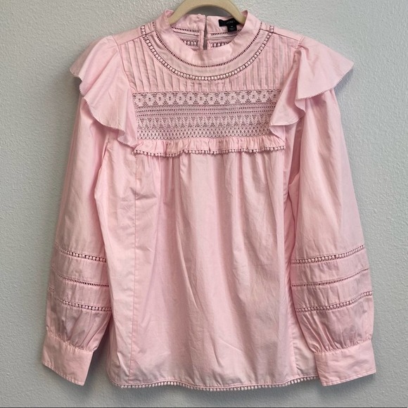 New J. Crew Crocheted Lace Flutter Sleeve Mock Neck Pink Top Medium - Picture 5 of 16